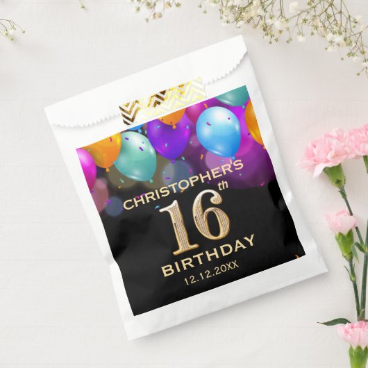 16e verjaardag Zwarte en gouden ballonnen Bedankzakje (Gezegeld)