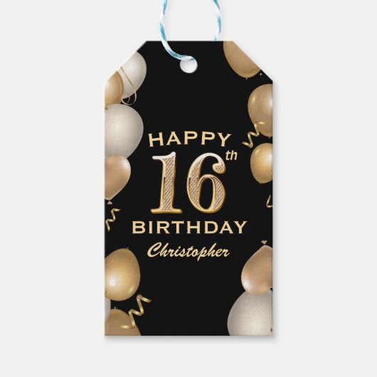 16e verjaardag Zwarte en gouden ballonnen Cadeaulabel (Voorkant)