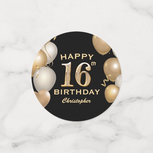 16e verjaardag Zwarte en gouden ballonnen Confetti (Kleine voorkant)