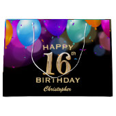 16e verjaardag Zwarte en gouden ballonnen Groot Cadeauzakje (Voorkant)