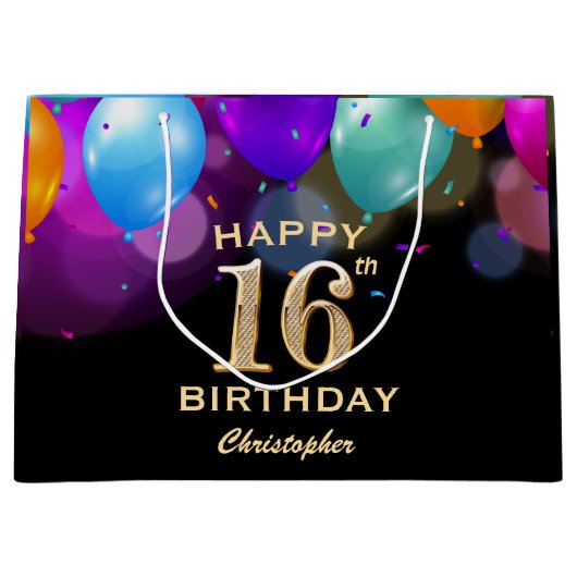 16e verjaardag Zwarte en gouden ballonnen Groot Cadeauzakje (Voorkant)