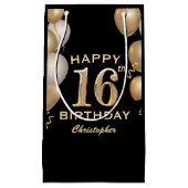 16e verjaardag Zwarte en gouden ballonnen Klein Cadeauzakje (Voorkant)