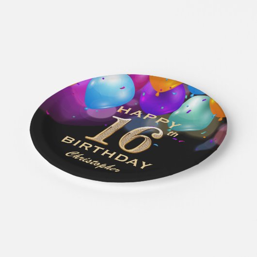 16e verjaardag Zwarte en gouden ballonnen Papieren Bordje (Gekanteld)