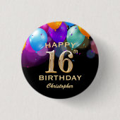 16e verjaardag Zwarte en gouden ballonnen Ronde Button 3,2 Cm (Voorkant)