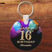 16e verjaardag Zwarte en gouden ballonnen Sleutelhanger (Voorkant)