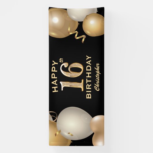 16e verjaardag Zwarte en gouden ballonnen Spandoek (Verticaal)