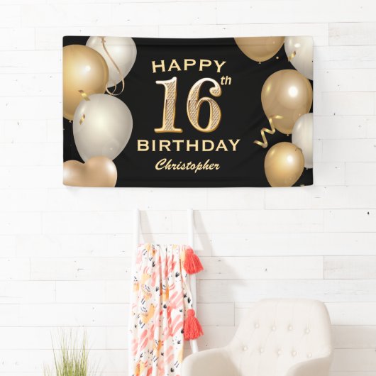 16e verjaardag Zwarte en gouden ballonnen Spandoek (Insitu)