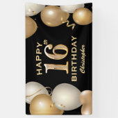 16e verjaardag Zwarte en gouden ballonnen Spandoek (Verticaal)