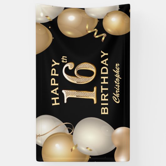 16e verjaardag Zwarte en gouden ballonnen Spandoek (Verticaal)