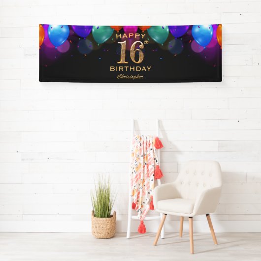 16e verjaardag Zwarte en gouden ballonnen Spandoek (Insitu)