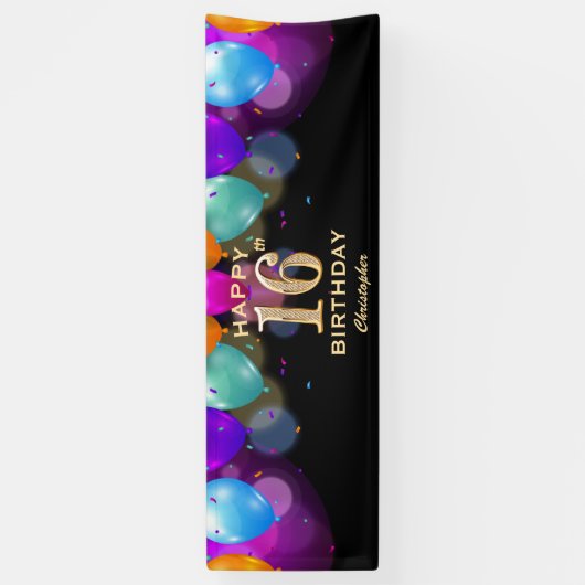 16e verjaardag Zwarte en gouden ballonnen Spandoek (Verticaal)