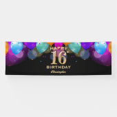 16e verjaardag Zwarte en gouden ballonnen Spandoek (Horizontaal)