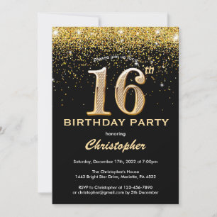 16e verjaardag zwarte en goudglitter-Confetti Kaart