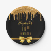 16e verjaardag zwarte gouden boog druppel papieren bordje (Voorkant)