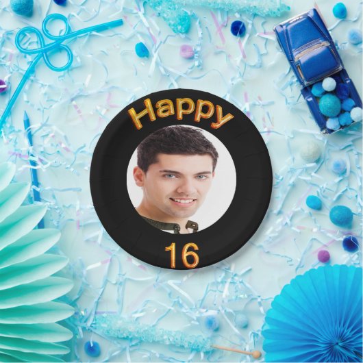 16e verjaardag zwarte gouden foto papieren bordje (Feest)