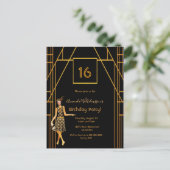 16e verjaardag zwarte gouden kunstdeco-achtige uit briefkaart (Staand voorkant)