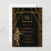 16e verjaardag zwarte gouden kunstdeco-achtige uit briefkaart (Voorkant / Achterkant)