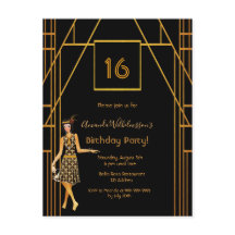 16e verjaardag zwarte gouden kunstdeco-achtige uit