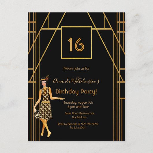 16e verjaardag zwarte gouden kunstdeco-achtige uit briefkaart (Voorkant)