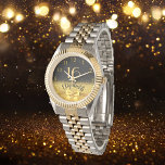 16e verjaardag zwarte gouden naam elegante boeg horloge<br><div class="desc">Elegant,  klassiek,  glamoureus en vrouwelijk. Een faux goud gekleurde strik en lint,  een beetje bling en luxe voor een verjaardagscadeau of souvenir. Zwarte achtergrond. Sjablonen voor haar naam en de leeftijd van 16. De naam is geschreven met een modern handgeschreven stijlschrift. Goudkleurige getallen van 9 tot 3</div>