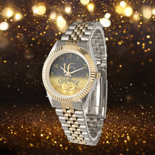 16e verjaardag zwarte gouden naam elegante boeg horloge