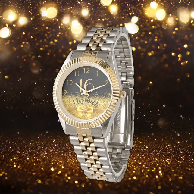 16e verjaardag zwarte gouden naam elegante boeg horloge (Creator heeft geüpload)
