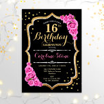 16e verjaardag - zwarte gouden roze rozen kaart<br><div class="desc">16e verjaardag viering uitnodiging. Elegant zwart ontwerp met faux glitter goud en roze rozen. Met stijlvolle scriptlettertypen en confetti. Ideaal voor een elegant verjaardagsfeestje. Kan op elke leeftijd worden aangepast.</div>