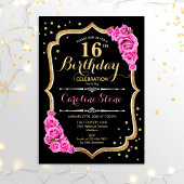 16e verjaardag - zwarte gouden roze rozen kaart