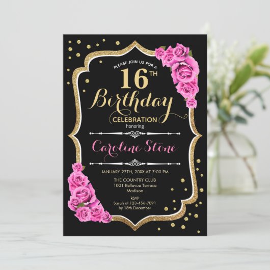 16e verjaardag - zwarte gouden roze rozen kaart (Staand voorkant)