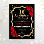 16e verjaardag - zwarte rode rozen kaart<br><div class="desc">16e verjaardag viering uitnodiging. Elegant zwart ontwerp met faux glitter Gold en rode rozen. Ideaal voor een elegant verjaardagsfeestje. Kan op elke leeftijd worden aangepast.</div>