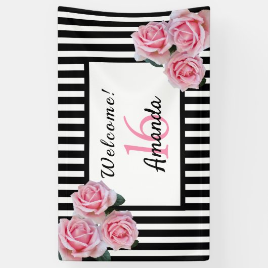 16e verjaardag zwarte witte strepen florals spandoek (Verticaal)