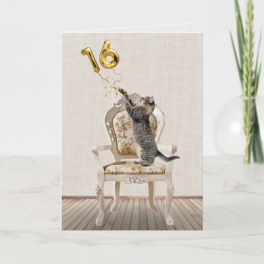 16e verjaardagsballonnen en tabbykat kaart (Voorkant)