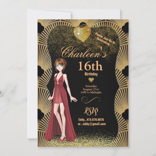 16e Verjaardagsfeest Art Deco Gatsby Girl Kaart (Voorkant)