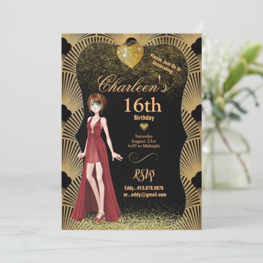 16e Verjaardagsfeest Art Deco Gatsby Girl Kaart (Staand voorkant)