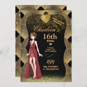 16e Verjaardagsfeest Art Deco Gatsby Girl Kaart