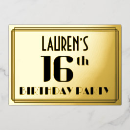16e verjaardagsfeest: Art Deco-look “16” en naam Folie Uitnodiging