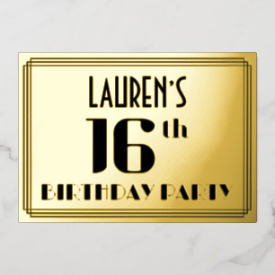 16e verjaardagsfeest: Art Deco-look “16” en naam Folie Uitnodiging