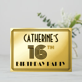 16e verjaardagsfeest — Art Deco-stijl “16” & naam Folie Uitnodiging