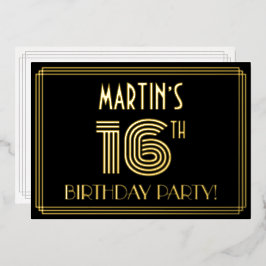 16e Verjaardagsfeest — Art Deco stijl “16” + Naam Folie Uitnodiging