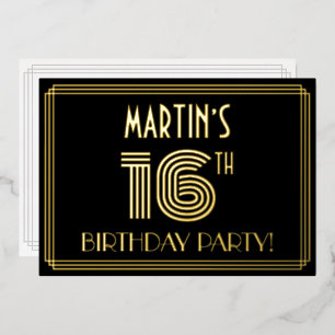16e Verjaardagsfeest — Art Deco stijl “16” + Naam Folie Uitnodiging