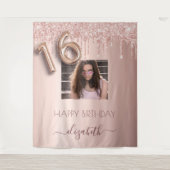 16e verjaardagsfeest foto roze goud glitters roze wandkleed (Voorkant)