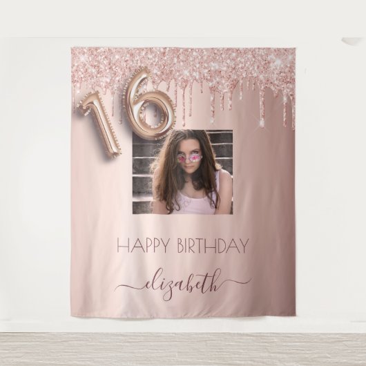 16e verjaardagsfeest foto roze goud glitters roze wandkleed (Voorkant)