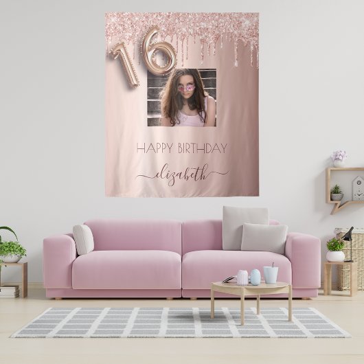 16e verjaardagsfeest foto roze gouden glitters roz wandkleed