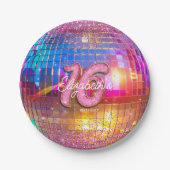 16e Verjaardagsfeest Goud Roze Glitters Disco Bal Papieren Bordje (Voorkant)