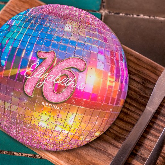 16e Verjaardagsfeest Goud Roze Glitters Disco Bal Papieren Bordje