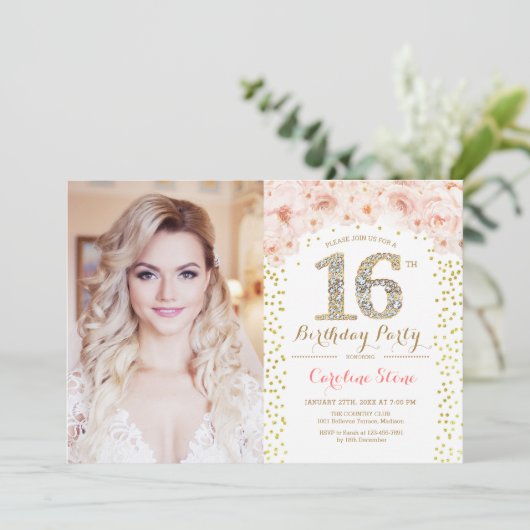 16e verjaardagsfeest met foto - Gouden Roze Bloeme Kaart (Staand voorkant)