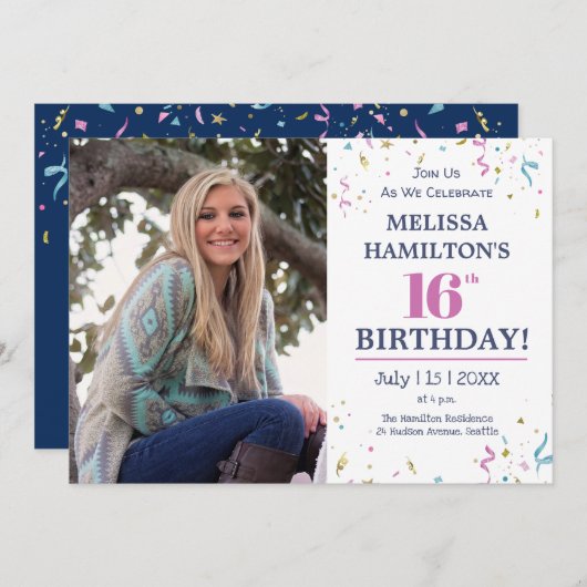 16e verjaardagsfeest met foto kaart (Voorkant / Achterkant)