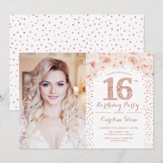 16e verjaardagsfeest met foto - Roos Gouden Bloeme Kaart (Voorkant / Achterkant)