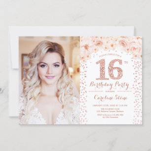 16e verjaardagsfeest met foto - Roos Gouden Bloeme Kaart