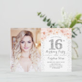 16e verjaardagsfeest met foto - Zilver Roze Wit Kaart (Staand voorkant)